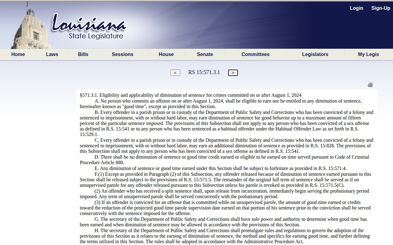 Louisiana post-2024 good-time law affecting Vernon Parish projected release dates